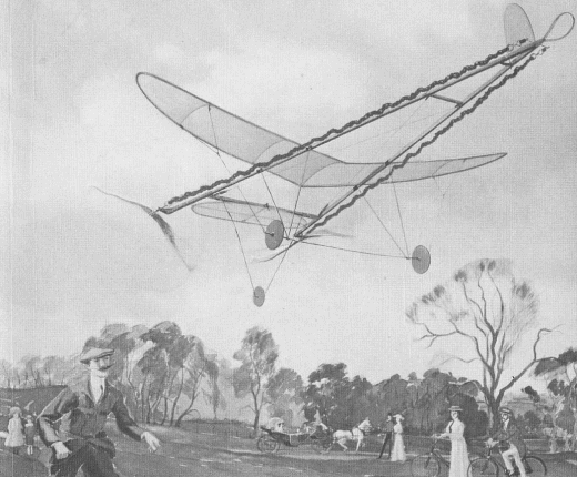 1913年型マン＆グリマー式A字型模型飛行機の飛行<br>（遠景に、自転車、馬車などで散策中の二人連れが見える