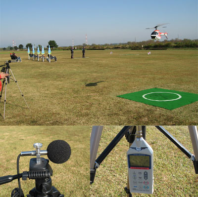 ヘリコプター競技の騒音測定<br>エンジン付き模型航空競技の騒音は規定により音量を制限されている。 競技に先立ち、測定が行われる。 （上：競技場全景。左端に測定機器、下：測定機器詳細：マイクと騒音計）