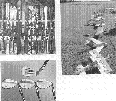 図6 市販の競技用品<br>左上：スキー、左下:ゴルフクラブ 　右：RC模型飛行機