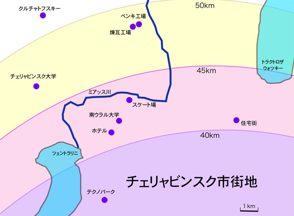 図４　チェリャビンスク市街地の調査位置と衝撃波の範囲