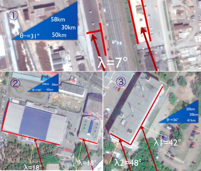 図７　建物被害と衝撃波の入射角（Ｇｏｏｇｌｅアースの画像を使用）<br>①修理中の亜鉛工場<br>②スケート場の屋根と壁<br>③テクノパーク