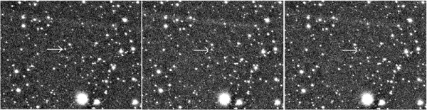 図１９　アポフィスの動き<br>２０１２年１２月２１日４時３４分～５時００分（日本時間）１ｍ望遠鏡で撮影（露出時間各１２０秒） （クリックすると大きな画像が別ウィンドウで開きます。）