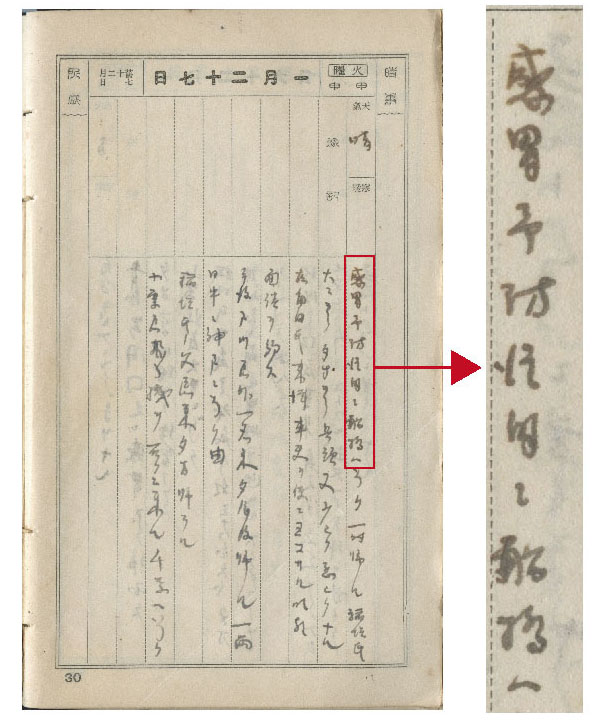 写真２　１９２０年１月２７日のページ。冒頭に「感冒予防注射ニ船橋ヘ」という言葉がある。