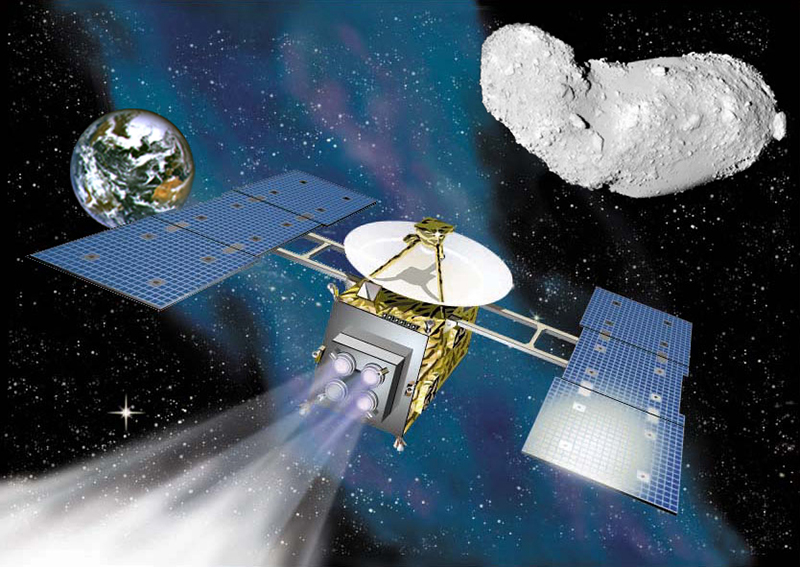 図４　宇宙動力航行する「はやぶさ」小惑星探査機。<br>地球と小惑星は、はやぶさ探査機による実写。