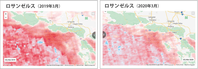 図９ ロサンゼルスにおけるコロナ禍による一酸化炭素濃度の変化（Google Earth Engine）