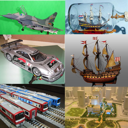 いわゆる「模型つくり」で、レジャー白書の項目に対応すると考えられる。<br>左上～下：飛行機のプラモデル、自動車のプラモデル、鉄道模型<br>右上～下：ボトル・シップ、帆船模型、都市景観の模型